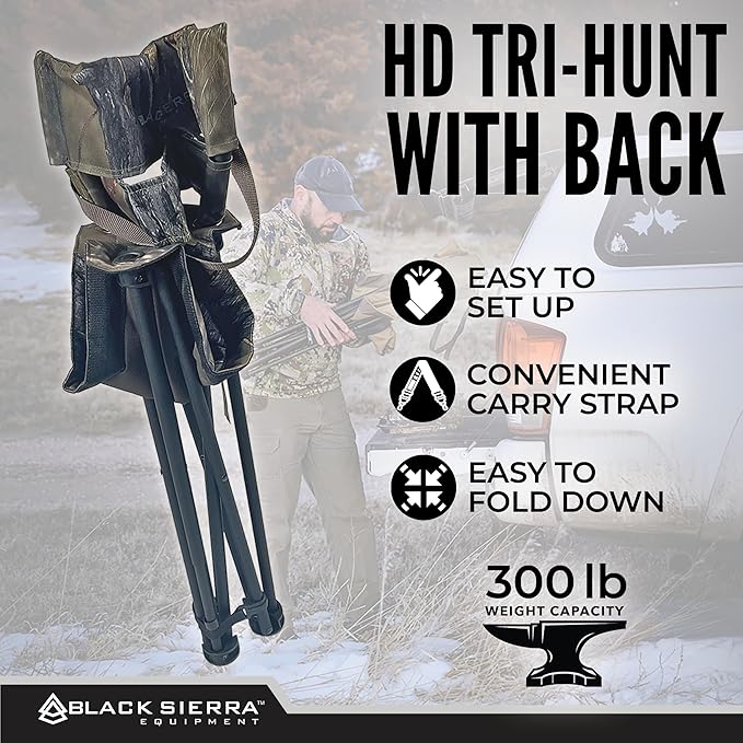 Black Sierra HD Tri-Hunt with Back Hunting Stool Foldable Tripod Seat w/Steel Frame Supports 300 Lbs Heavy Duty Fishing Chair Features Cup-Holder &amp Carry Shoulder Strap for Camping
