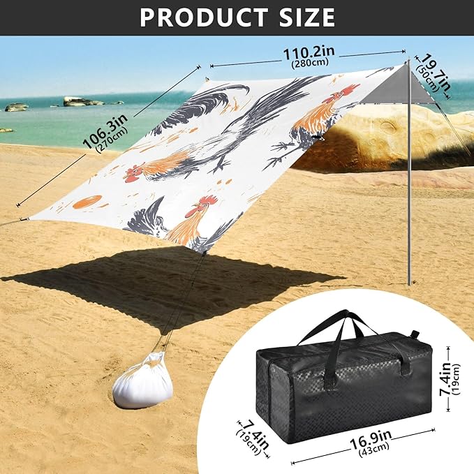 Rooster Eggs White Background Pattern Camping Sun Shelter Beach Tent Portable Beach Sun Shade Outdoor Canopy for Camping Trips Fishing Picnic