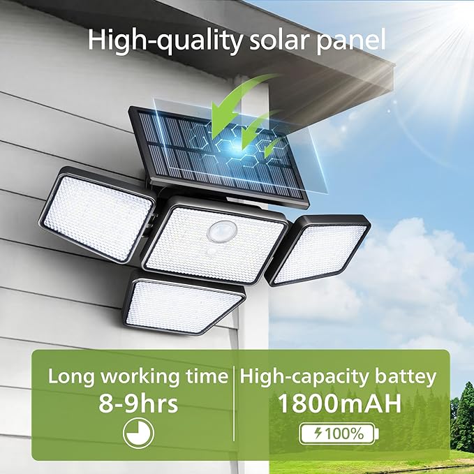Philips Solar Security Light Outdoor 196 LED Wall-Mounted Flood Light w/PIR Motion Sensor 3 Modes 4 Adjustable Heads Solar-Powered Floodlights with Remote Control IP65 Waterproof 4PK