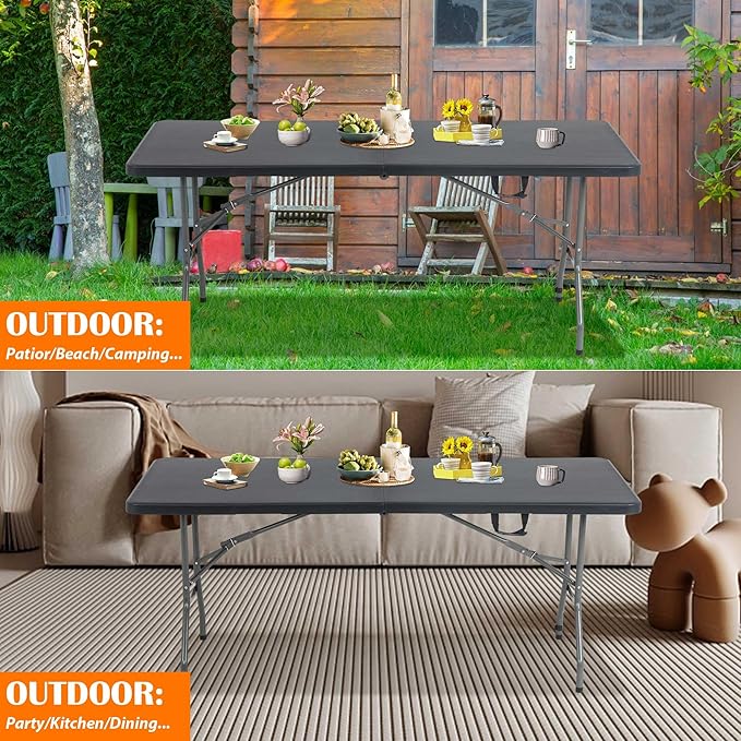 Black Folding Table 6ft Portable Outdoor Folding Camp Table with Built-in Handle &amp Steel Legs Heavy Duty Plastic Foldable Picnic Party Table Easy to Carry and Store