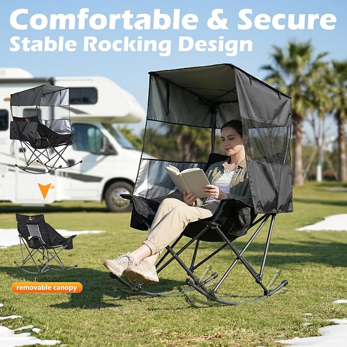 Nice C Heated Rocking Camping Chair with Canopy XL Oversized Folding Rocker with Battery Outdoor Umbrella Chairs with Shade with Cup Holder Cooler Bag for Sports Patio Backyard (1 Pack)