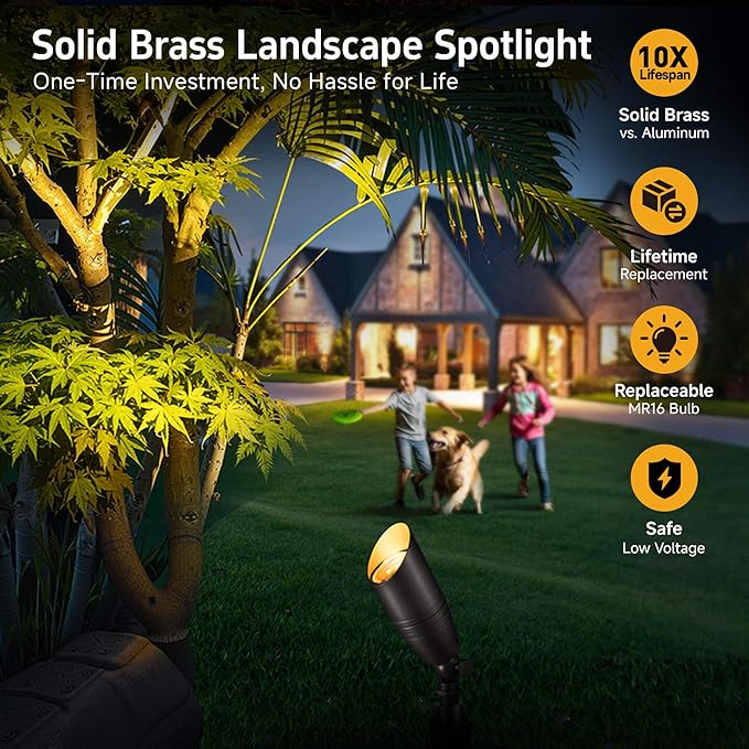 Gardenreet Die-Cast Brass Spot Light Outdoor - 12V LED Uplighting Waterproof Low Voltage Landscape Lights Direct Wire Bronze for Fence Fountain with Daytime White MR16 Replaceable Bulbs (12 Pack)