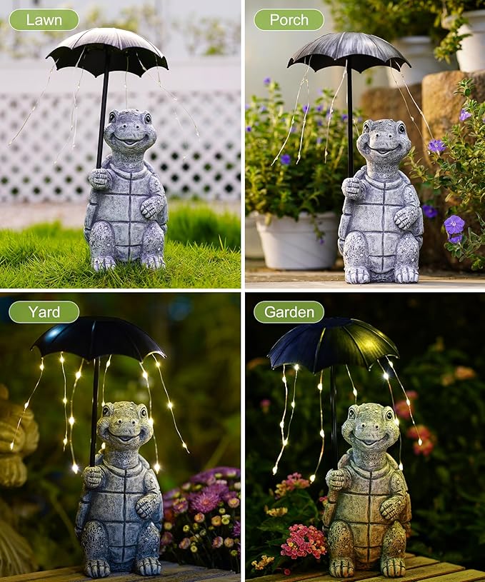 Nacome Solar Turtle Garden Decor Outdoor Statues: Holding Umbrella with String Lights Patio Yard Lawn Outside Decorations - Birthday Gifts for Mom Grandma Women Sister(Grey)
