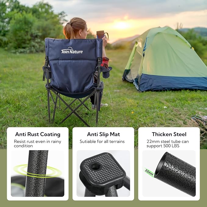 Folding Camping Chairs for Adults Padded Folding Chairs for Outside Heavy Duty with Cup Holders &amp Side Pocket Support up to 500 lbs Blue
