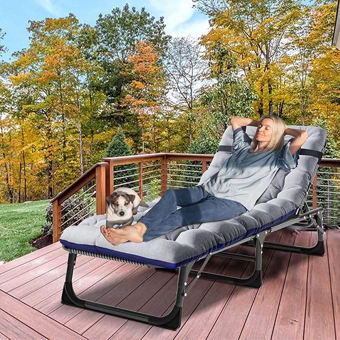 LILYPELLE Portable Folding Camping Cot Adjustable 4-Position Adults Reclining Chaise with Pillow Outdoor Portable Lounge Chair Sleeping Cot for Camping Pool Beach Patio