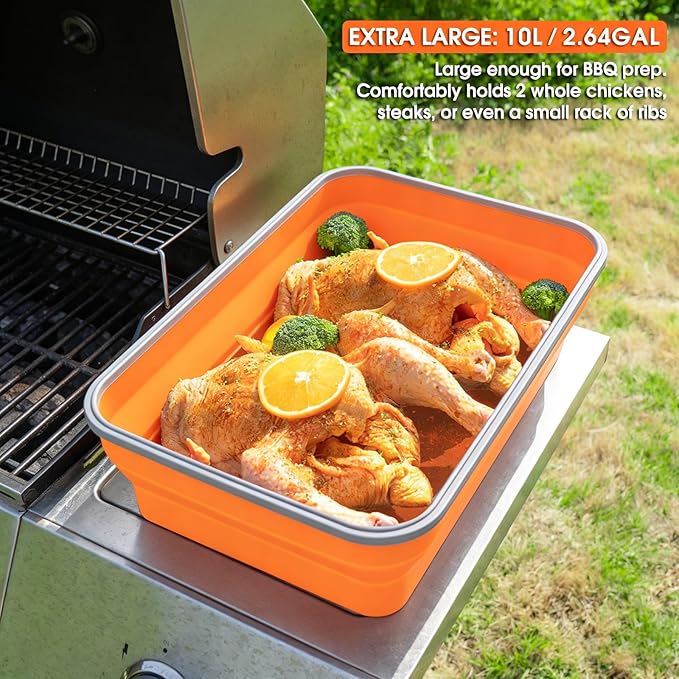 Silicone Collapsible Marinating Container with Lid for Meat 2.64Gal/10L Extra Large Collapsible BBQ Prep Tub Transparent Locking Lid XL Grill Prep Trays and Carry System BBQ Must-Have Orange