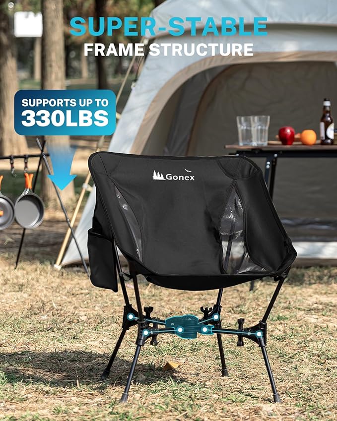 Gonex Portable Camping Chair The 5th Gen Ultralight Compact Backpacking Foldable Lightweight Folding Chair for Outdoor Camp Hiking Beach Picnic Concert Supports 330lbs (Black 1 PCS)