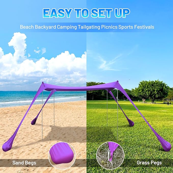 BOTINDO Family Beach Tent Canopy Sun Shade Pop Up Grande Beach Tent Sun Shelter Stability 4 Poles with Portable Carry Bag Outdoor Shade for Fishing Backyard Camping (Purple 10x10FT 4Pole)