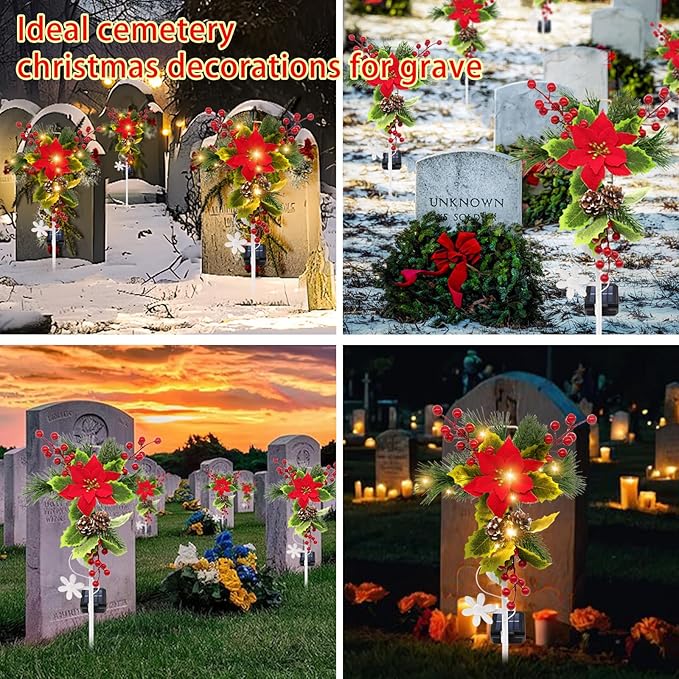 2 Pack Solar Christmas Decorations Outdoor 32 Inch Solar Christmas Cross Stake Lights Waterproof Grave Decorations with Poinsettia Flower Pinecones Red Berries for Garden Yard Patio Lawn Cemetery