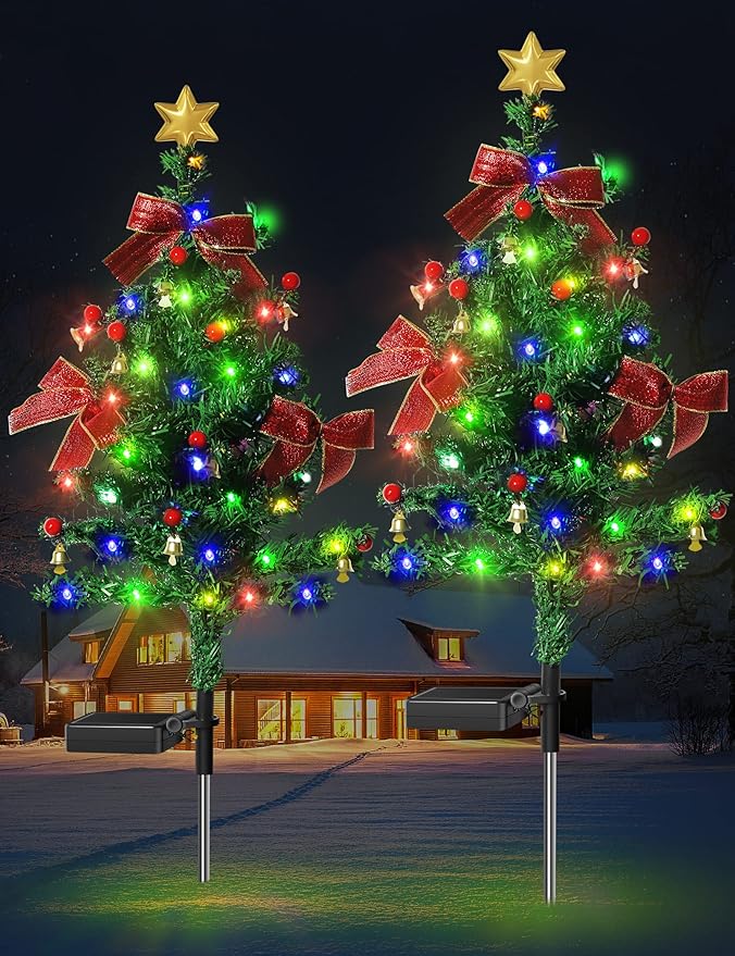 Solar Christmas Decorations Trees Lights Outdoor Waterproof 40LED-Lights Solar Yard Decorative Solar Stake Lights Xmas Tree Garden Decor with Constant &amp Flashing Modes for Pathway Lawn Patio 2P