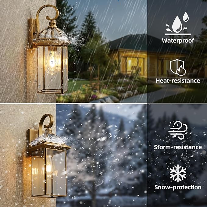 Brass Rustproof Outdoor Wall Sconces 2-Pack - All-Weather Waterproof Porch Lanterns with E26 Socket Front Door Exterior Lights for Yard Entryway
