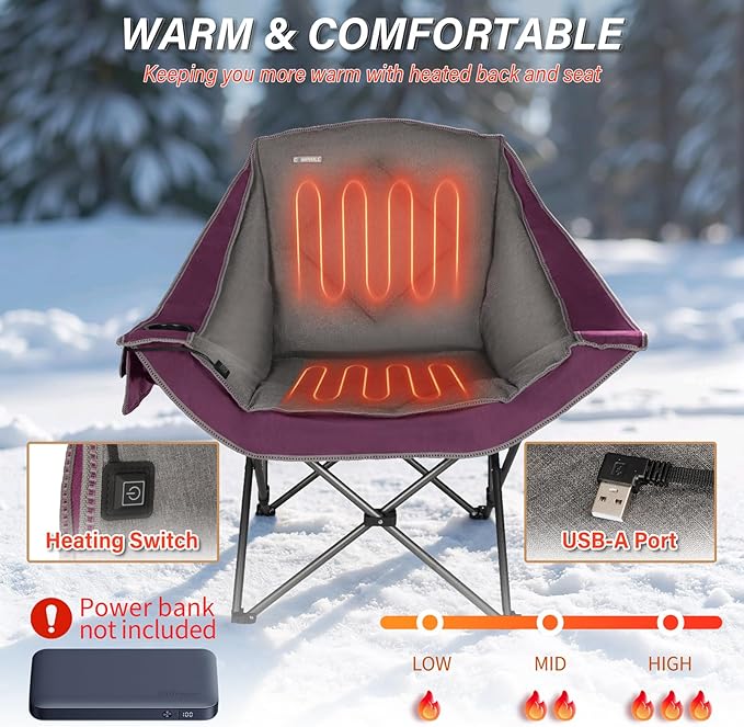 CAMPHILL Heated Camping ChairsOversized Padded Heating Lawn Chair with Cup HolderWide&ampThickHeavy Duty Folding for PatioTailgatesand SportsBattery NOT IncludedPurple