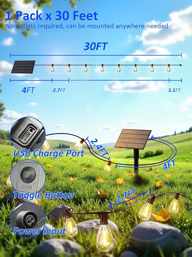 luckystyle 29FT Solar String Lights Outdoor Waterproof with 10+1 LED Bulbs Long Last for 20+Hrs Commercial Grade Shatterproof USB Patio Solar Powered Lights for CampingBackyard Garden Porch Decor