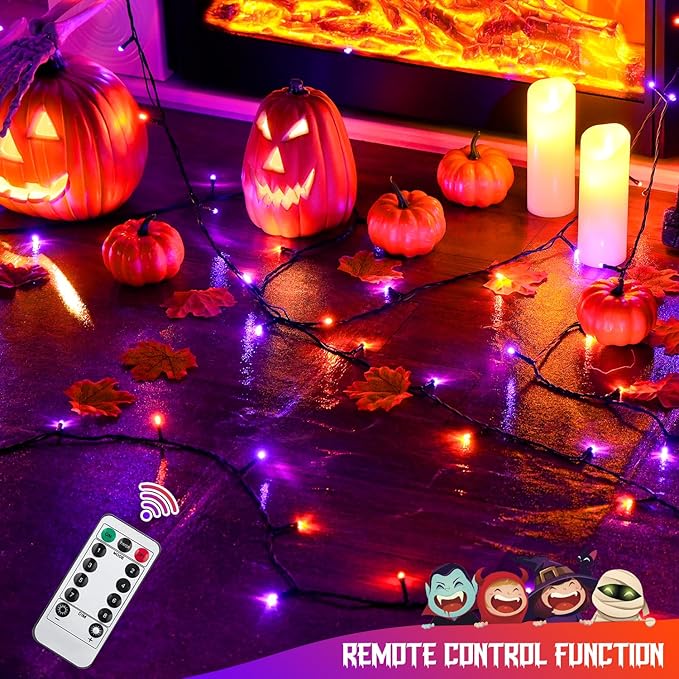 JMEXSUSS Orange and Purple Halloween Lights Battery Operated Each 33 FT Indoor Halloween Lights Outdoor Waterproof 2 Pack 100 LED Christmas Light for Christmas Tree Decor