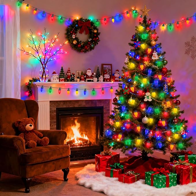100 LED C7 Multicolor Christmas Lights Battery Operated with 8 Mode Remote Control 2 Sets 27.5FT Colorful Christmas Tree Lights with 2 * 50pcs Twinkle C7 Light Bulbs for Home Porch Yard Decorations