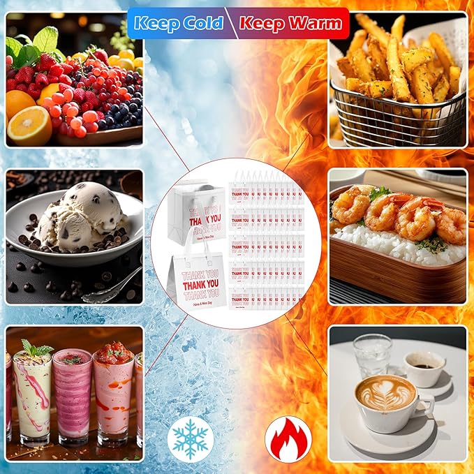 Aliceset 80 Pcs Thank You Insulated Bags for Food Delivery Bulk 9.5 x 9.5 x 6 Inch Thermal Insulation Bag for Cold and Hot Food for Travel Pizza Coffee Milk Catering Restaurant Picnic(White)