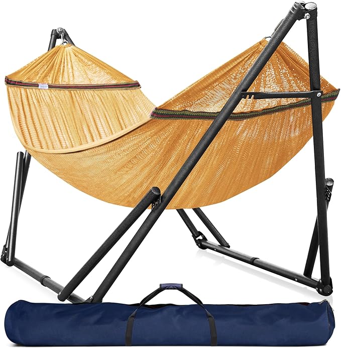 Tranquillo Universal Double Hammock with Stand Included for 2 Persons 600 lbs Capacity Portable Foldable with Case - Indoor Outdoor Camping Yellow