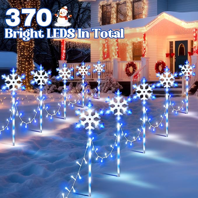 10 Pcs Christmas Snowflake Pathway Stake Lights for Outdoor Yard 370 Bright LEDs Waterproof Large Christmas Snowflake Light Decoration for Garden Lawn Driveway Walkway Decor (Blue White)