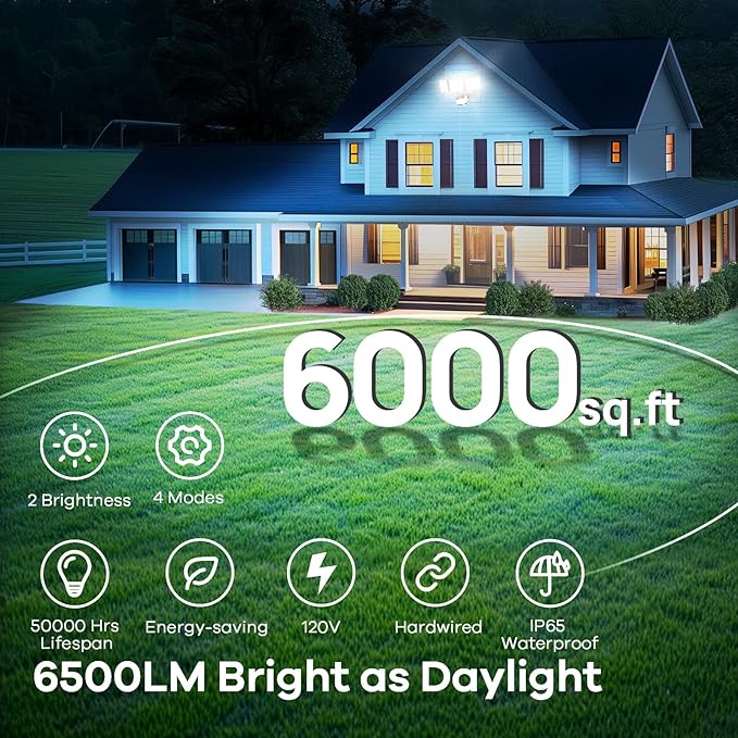 OREiN Motion Sensor Outdoor Flood Light 42W 6500LM Super Bright LED Security Light Dusk to Dawn/Auto/Manual Modes IP65 Waterproof Hardwired Floodlight for Yard Garage Porch Driveway