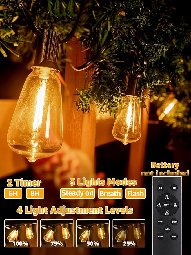 Outdoor String Lights Dimmable with Remote 100 FT Outdoor Lights with 2 Timer and 3 Mode Waterproof &amp Shatterproof Patio Lights 2200K Energy Saving String Lights 3 Spare Bulbs for Patio Yard