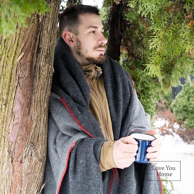 LYHome Merino Wool Blanket - Outdoor Camping and Hiking Throw Extra Warm Army Military &amp Hunting Blankets for Cold Weather Warmest Plaid Sheep Wool (51 x 67 in | Gray - Dark Gray Double-Sided)