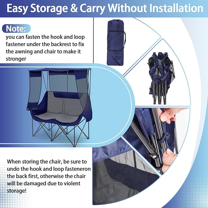 Double Camping Chair with Canopy Shade 660lbs Heavy Duty Beach Chair Portable Folding 2 Person Camping Loveseat with Cup Holder and Storage Bag for Lawn Beach Outdoor Sport(Blue and Grey)