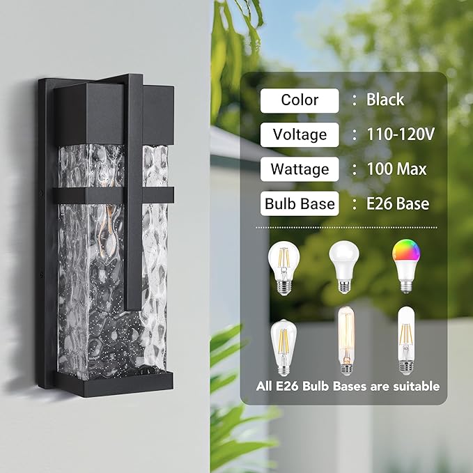 Hammered Glass Wall Lamp Outdoor Light Fixtures Exterior Wall Lantern for Porch with Waterproof 2 Pack Wall Sconce Lighting Wall Mount Light Porch Light for Garage Doorway Patio(Bulb Included)