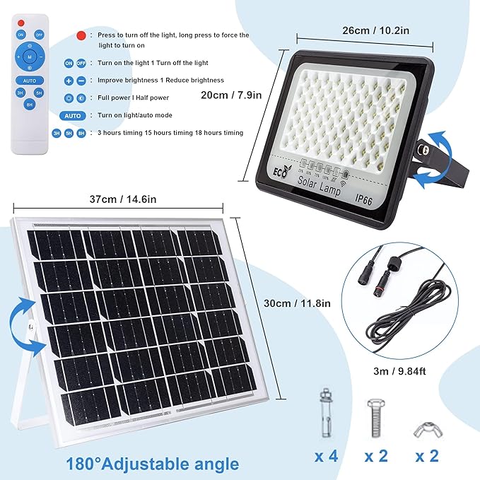 100W LED Solar Flood Lights 15000 MAH Street Flood Light Outdoor IP66 Waterproof with Remote Control Security Lighting for Parking Lot Yard Garden Swimming Pool Pathway (Modern 100W)