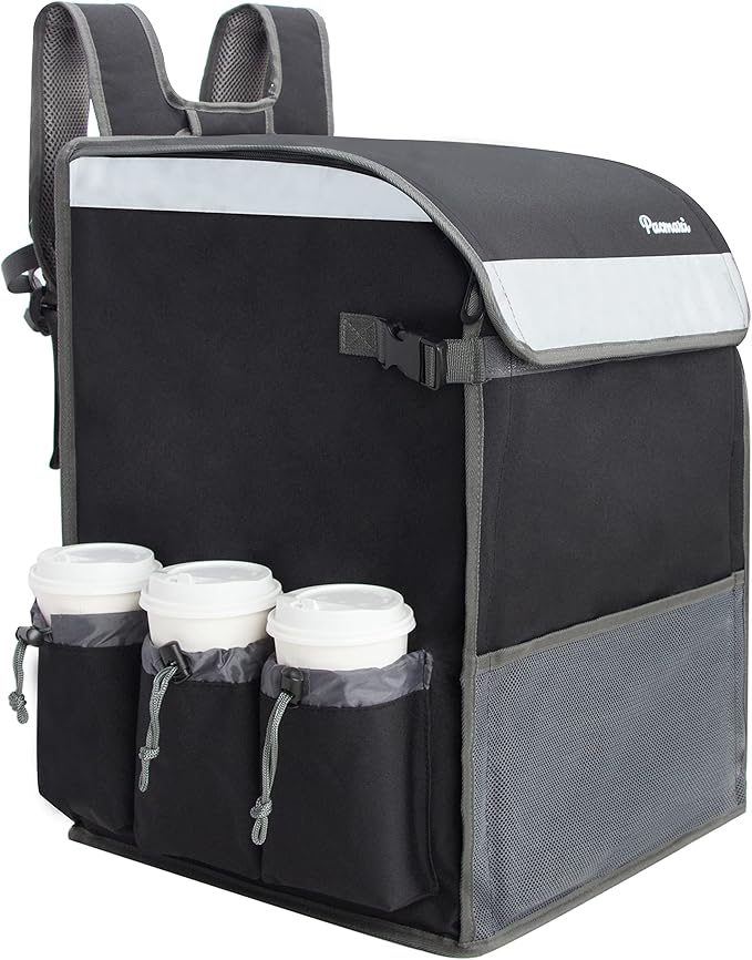 PACMAXI Food Delivery Backpack Insulated Food Delivery Bag with 6 Cup Holder Reusable Food Delivery Bag with Reflective Straps(Black)