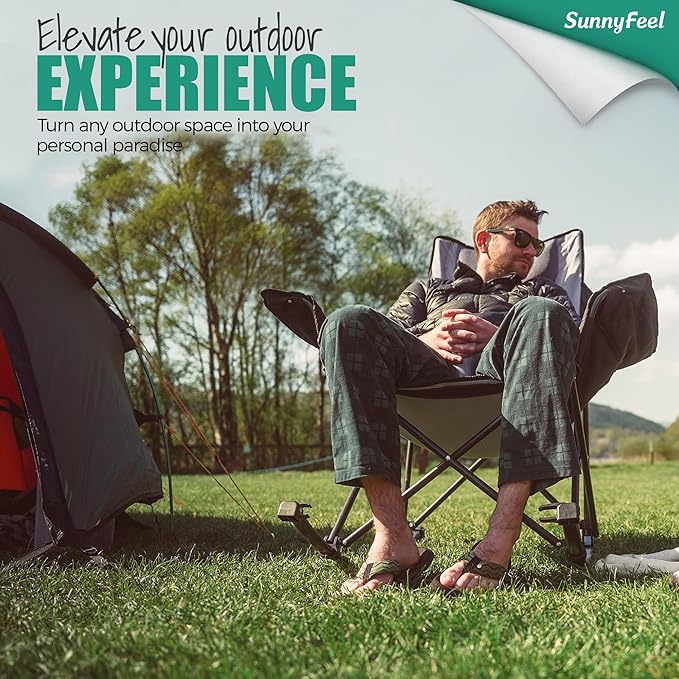 SUNNYFEEL Oversized Rocking Camping Chair Fully Padded Patio Chair with Side Pocket High Back Portable Lawn Recliner with Headrest Outdoor Camp Rocker Chairs for Adults Heavy Duty 500 LBS Carry Bag