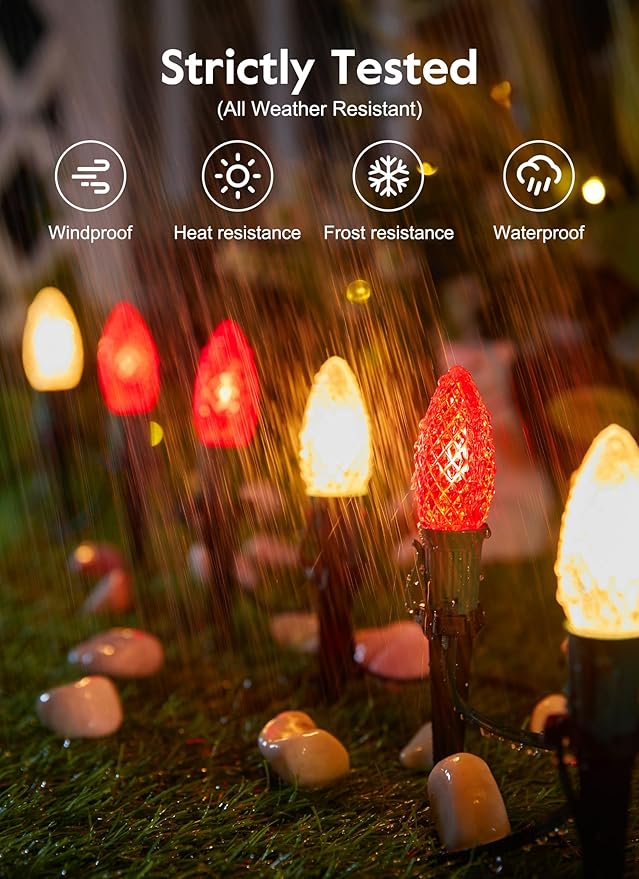 C9 LED Christmas String Lights Outdoor 26 Feet 20 LED Christmas Pathway Lights with 20 Plastic Stakes Connectable Waterproof for Driveways Xmas Holiday Patio Decoration Red and Warm White