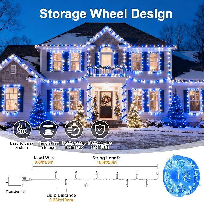 Led String Lights 500LED 165 ft Indoor/Outdoor Fairy String Lights 30V 8 Modes Christmas Lights for Home Christmas Tree Wedding Party RoomWall Decoration Indoor&ampOutdoor(Blue+White)