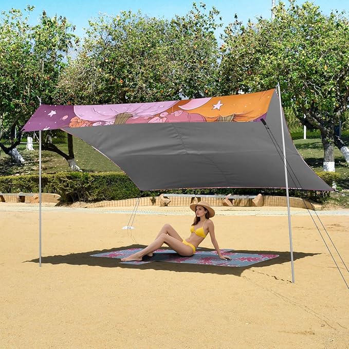 Bolaz Beach Canopy Tent Sun Shade9'×10.5' Large Family Beach Shade UPF50+- Outdoor Shade for Camping Trips FishingPumpkin Flower Star Pattern