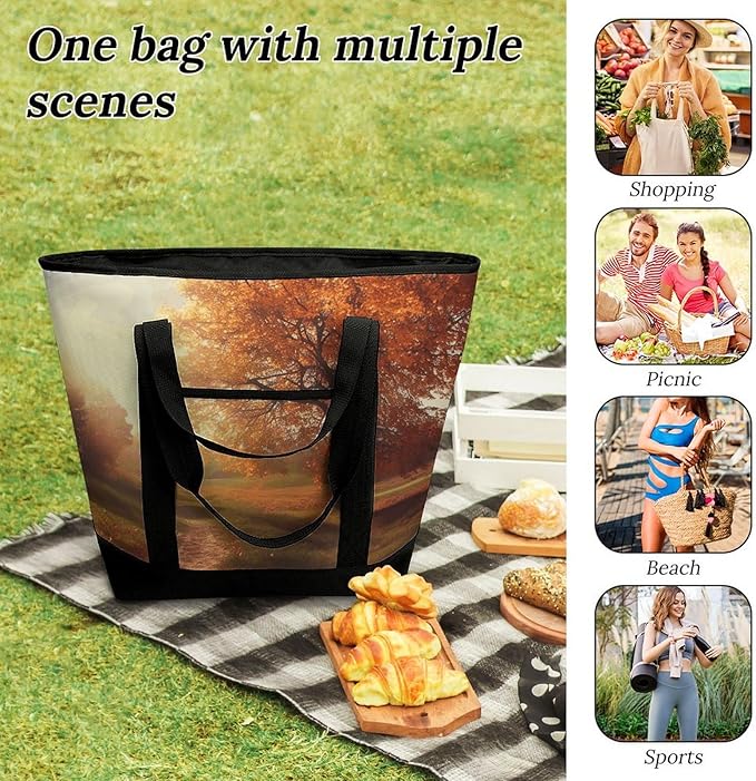 Insulated Shopping BagLarge Reusable Cooler Bags Autumn Scene Printed Foldable Shopping BagTravel Waterproof Shoulder Bag