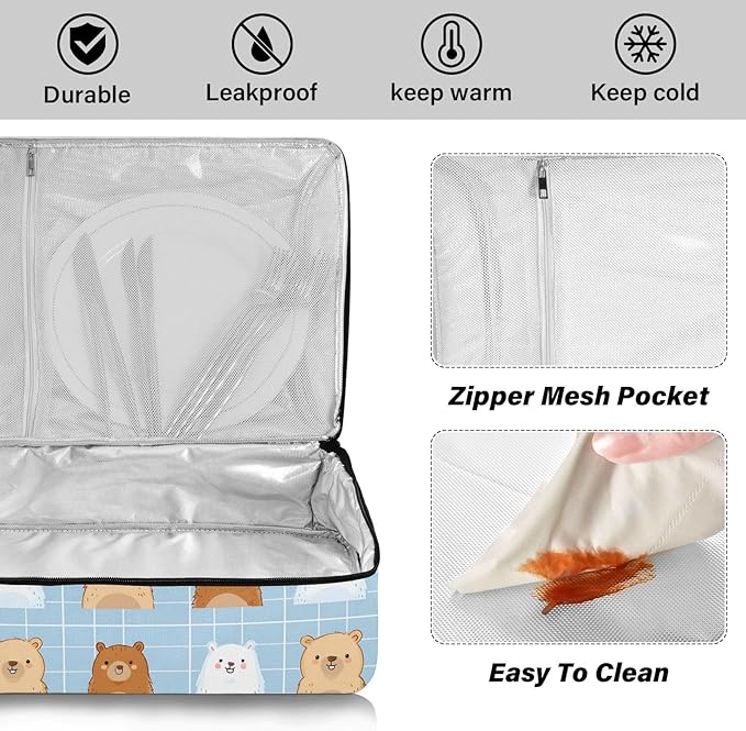 Casserole Carrier Cute Cartoon Animal BearInsulated Casserole Carrier for Hot or Cold Food Thermal Lunch Tote for Potluck Parties Picnic Beach Fits 9 x 13 Inches Baking Dish