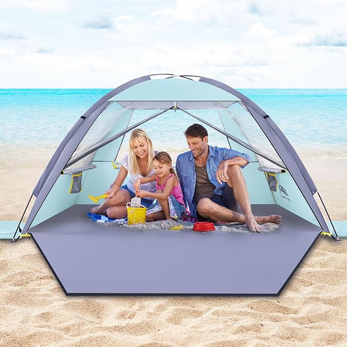 Happy Travel Beach Tent UPF 50+ UV Protection Sun Shade Shelter for 3/4/5/6/7/8 Person Portable Beach Canopy for Family &amp Baby Lightweight &amp Easy Setup Beach Cabana with 3 Ventilation Mesh