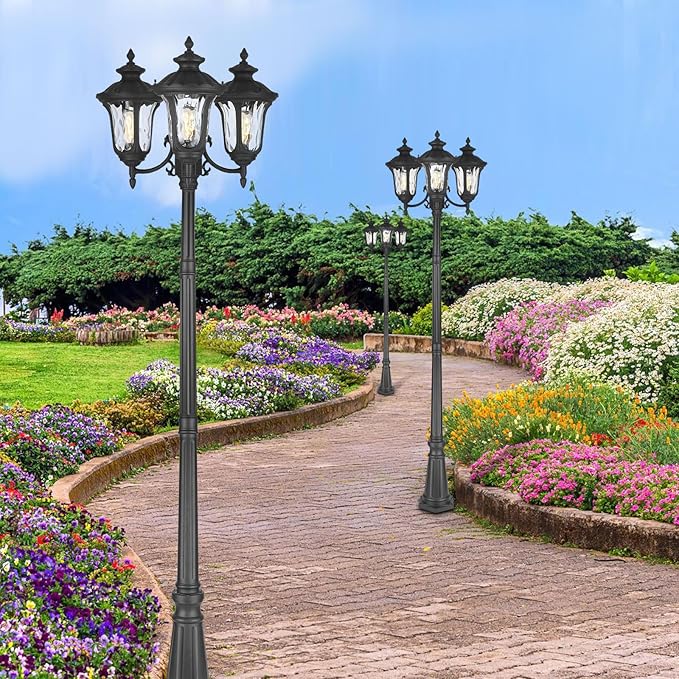 Outdoor Lamp Post Light Black Outside High Pole Light 3-Head Waterproof Modern Exterior Street Lamp Road Lighting Fixture for Garden Backyard Patio Lawn Pathway Driveway