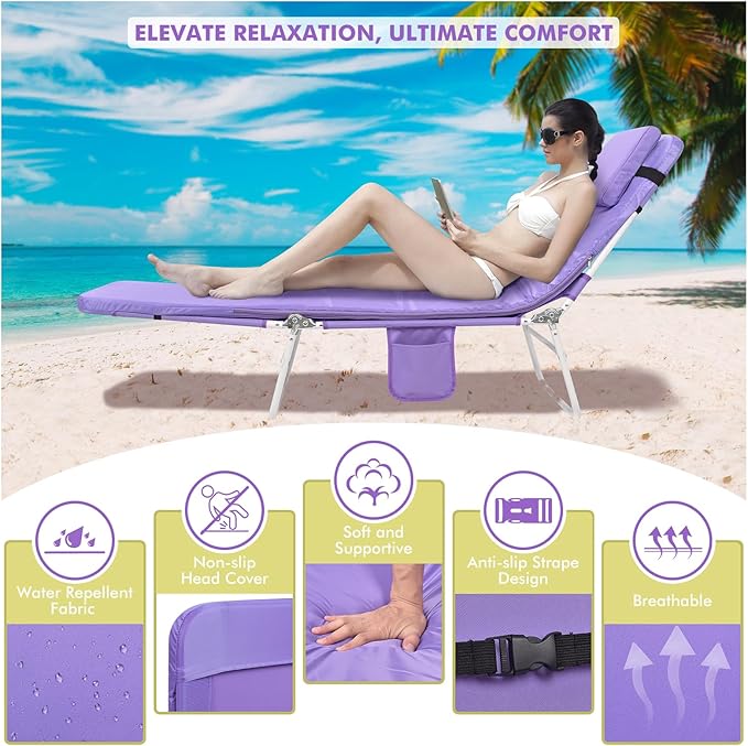 3 in 1 Women Comfort Backpack Beach Tanning Lounge Chair with Cushion Face Hole Softer Padded Adjustable Washable Layout Sun Chair for Adults Outside Reading Sunbathing Poolside 6 Position 2 Pack