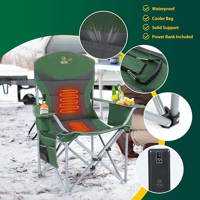 Nice C Heated Camping Chair with Battery Heated Outdoor Sports Chair Folding Chairs with Cooler Bag Cup Holder Carry Bag 10000 mAh Power Bank Included (Green&ampGrey Set of 2)