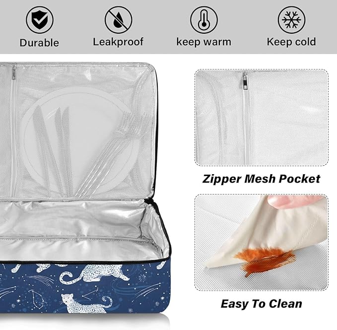 Casserole Carrier Pattern White LeopardsInsulated Casserole Carrier for Hot or Cold Food Thermal Lunch Tote for Potluck Parties Picnic Beach Fits 9 x 13 Inches Baking Dish
