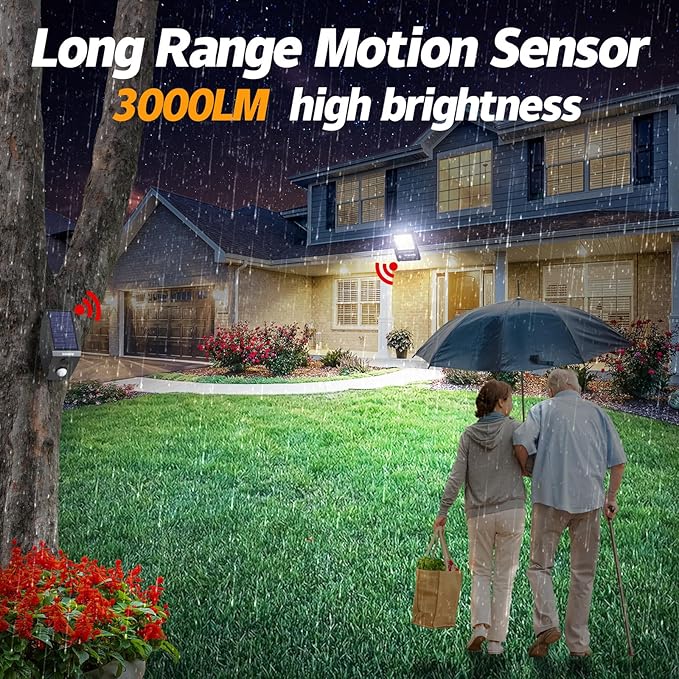 intelamp Solar Flood Lights Outdoor Waterproof Linkable 12000mAh 3000LM Motion Sensor Floodlight with Remote Control Sensor Case 16.4Ft Cable Dusk to Dawn Lighting Lamp for Street Outside House