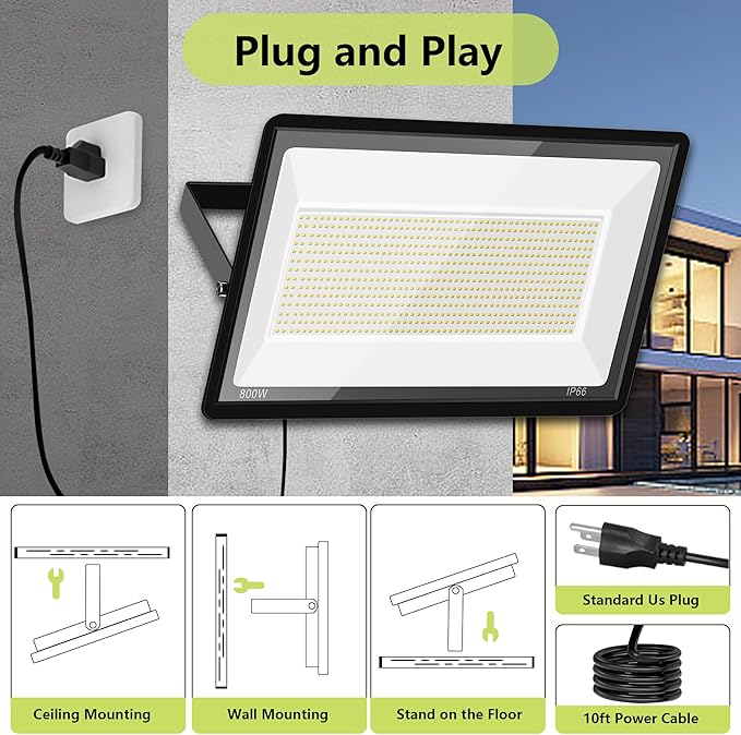 800W Warm White Flood Lights Outdoor LED Security Floodlights with Plug 3000K 80000LM Suer Bright Commercial Arena Lighting for Court Backyard Stadium Fields 2 Pack