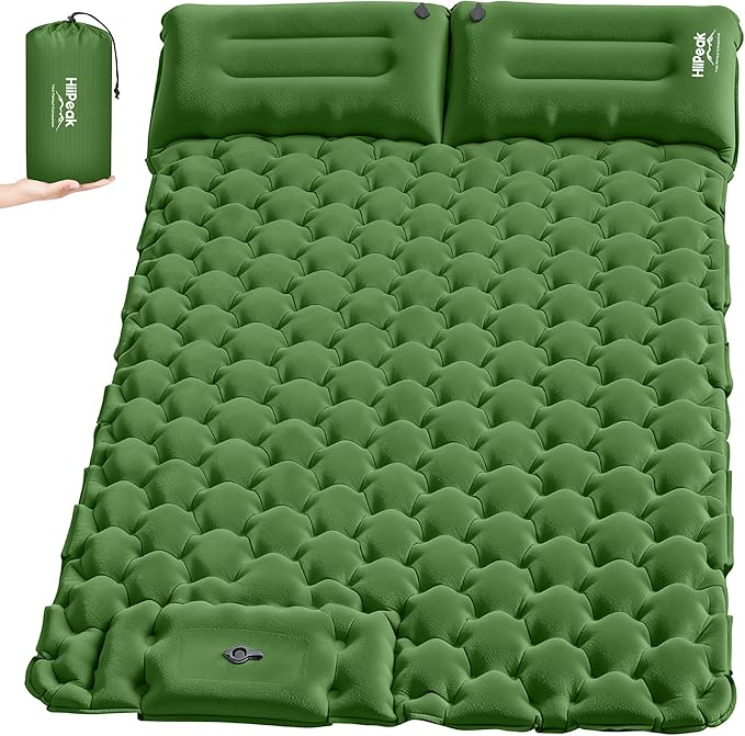 HiiPeak Double Sleeping Pad for Camping - Ultralight Camping Mattress with Pillow Built-in Foot Pump Compact Inflatable 2-Person Portable Mat for Backpacking Hiking Car Traveling Beach Tent