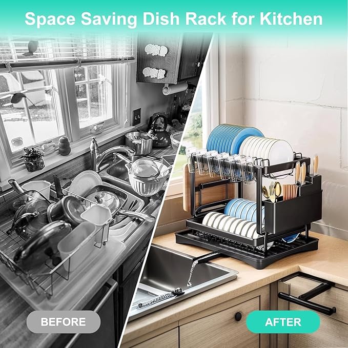 BCWW 2-Tier Dish Racks for Kitchen Counter Multifunctional Dish Drying Rack Large Capacity Metal Kitchen Dishes Drying Rack Plate Organizer for Bowls/Cups/Bottles (Black)