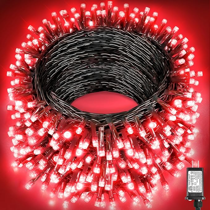 197FT 600 LED Christmas Lights Outdoor Plug in Red Valentine Lights with 8 Modes &amp Waterproof Connectable Green Wire String Lights for Outside Indoor Home Garden Yard Party Holiday Decorations
