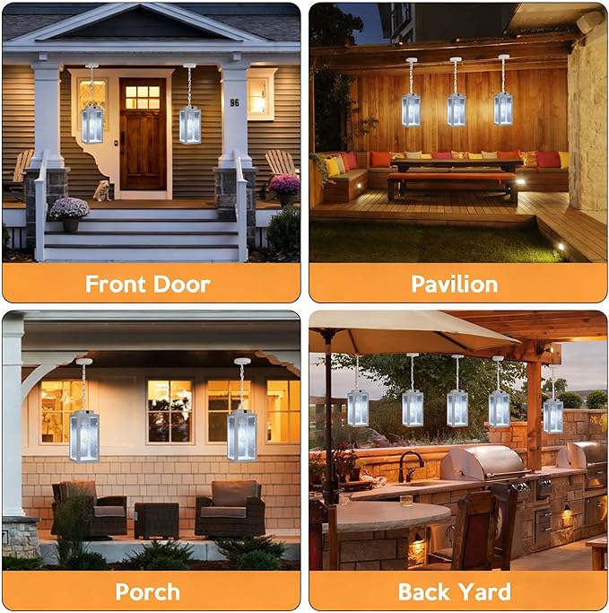 Outdoor Pendant Light Dusk to Dawn 11'' Porch lights Outdoor Chandelier Hanging Ceiling Lights White Aluminum Lightshade with Tempered Glass Exterior Lighting Fixture for Porch Yard Gazebo 1 Pack