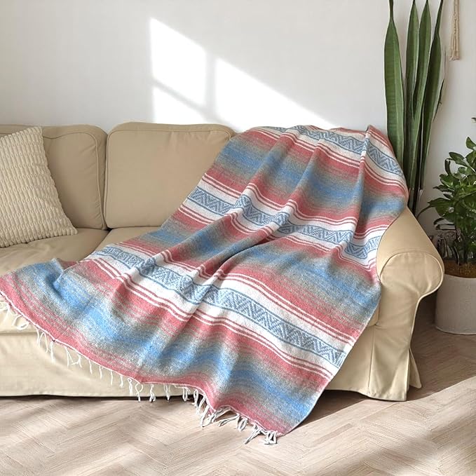 Authentic Handwoven Mexican Blanket Falsa Serape - Soft &amp Durable - Vibrant Beach Picnic Yoga &amp Camping Mat - Traditional Boho Throw - Outdoor Blanket 70x50 (Bubblegum)