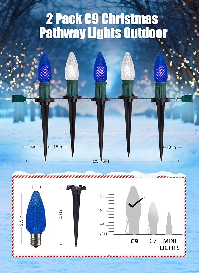 Christmas Pathway Lights Outdoor 2 Pack 26 Ft 20 LED C9 Strawberry String Lights with Stakes Connectable Waterproof Outside Christmas Lights Marker for Path Lane Patio Decor Blue &amp Pure White