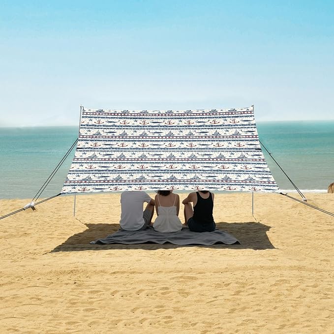 ALAZA Sailboat Anchor Stars Stripe Beach Tent Sun Shelter UPF50+ Protection Beach Shade Canopy w/ 4 Sandbags for Outdoor Camping Fishing Backyard Fun Picnic 10x9 ft