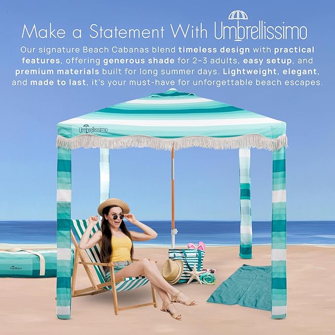 Premium Beach Cabana - Umbrellissimo Aqua Ombre. Includes sand anchor canvas with designer prints &amp fringe finishes sand pockets pegs matching carry bag. Easy set up 6.6'x6.6' of cool UPF50+ s
